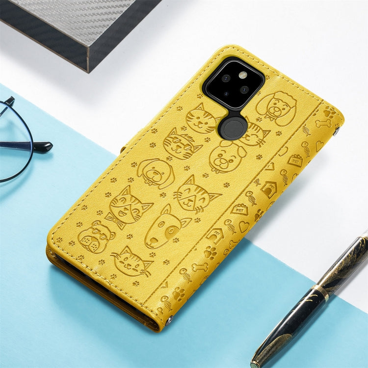 For Google Pixel 5a 5G Lovely Cat and Dog Embossing Pattern Horizontal Flip Leather Case , with Holder & Card Slots & Wallet & Cartoon Clasp & Lanyard