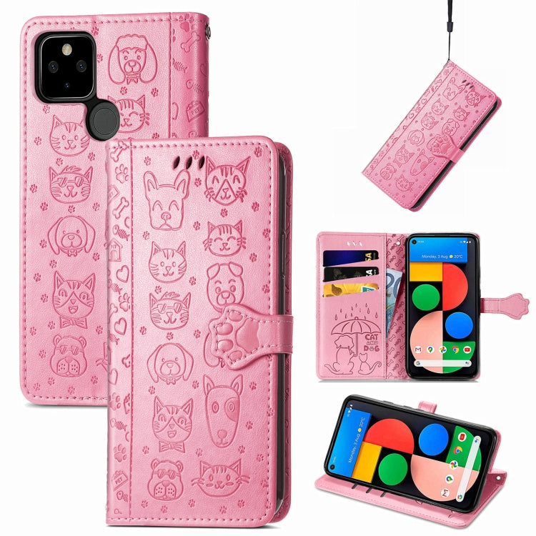 For Google Pixel 5a 5G Lovely Cat and Dog Embossing Pattern Horizontal Flip Leather Case , with Holder & Card Slots & Wallet & Cartoon Clasp & Lanyard