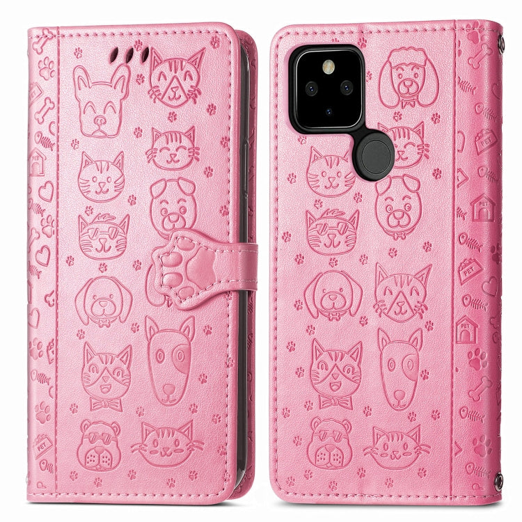For Google Pixel 5a 5G Lovely Cat and Dog Embossing Pattern Horizontal Flip Leather Case , with Holder & Card Slots & Wallet & Cartoon Clasp & Lanyard