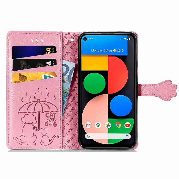 For Google Pixel 5a 5G Lovely Cat and Dog Embossing Pattern Horizontal Flip Leather Case , with Holder & Card Slots & Wallet & Cartoon Clasp & Lanyard