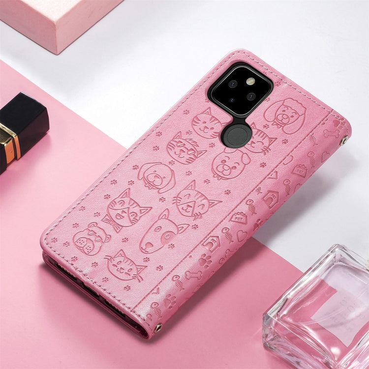 For Google Pixel 5a 5G Lovely Cat and Dog Embossing Pattern Horizontal Flip Leather Case , with Holder & Card Slots & Wallet & Cartoon Clasp & Lanyard
