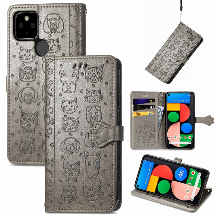 For Google Pixel 5a 5G Lovely Cat and Dog Embossing Pattern Horizontal Flip Leather Case , with Holder & Card Slots & Wallet & Cartoon Clasp & Lanyard