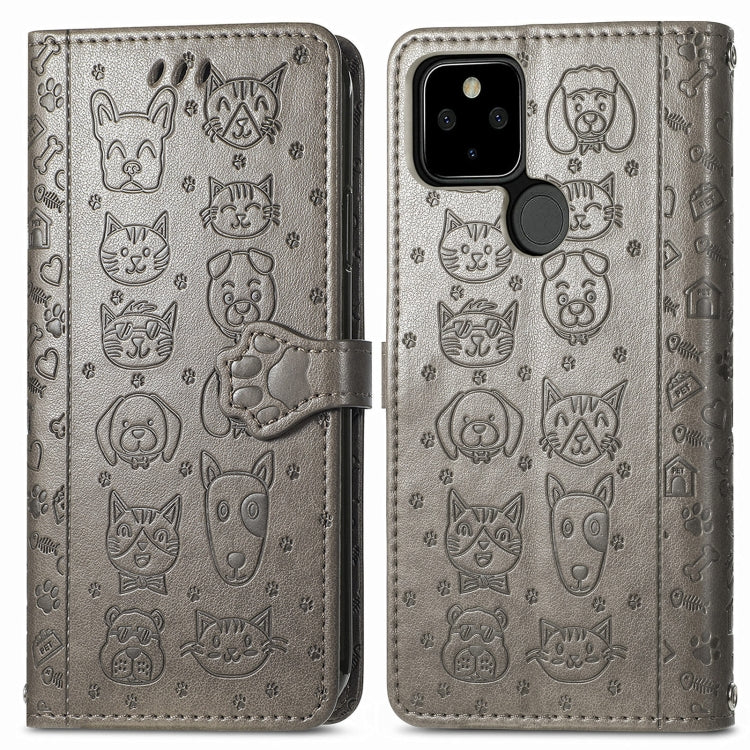 For Google Pixel 5a 5G Lovely Cat and Dog Embossing Pattern Horizontal Flip Leather Case , with Holder & Card Slots & Wallet & Cartoon Clasp & Lanyard