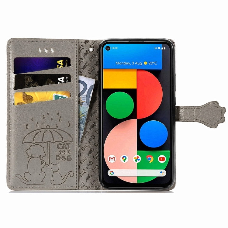 For Google Pixel 5a 5G Lovely Cat and Dog Embossing Pattern Horizontal Flip Leather Case , with Holder & Card Slots & Wallet & Cartoon Clasp & Lanyard