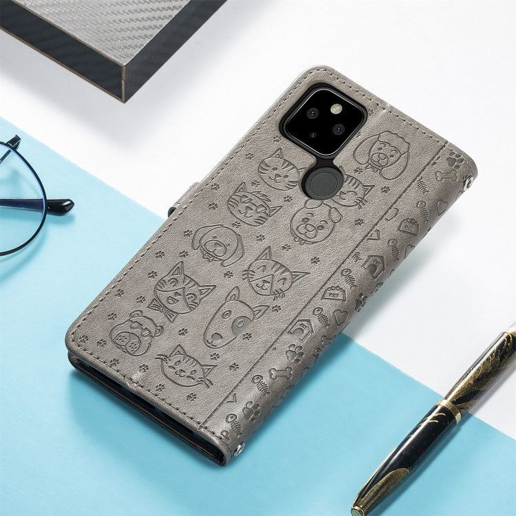 For Google Pixel 5a 5G Lovely Cat and Dog Embossing Pattern Horizontal Flip Leather Case , with Holder & Card Slots & Wallet & Cartoon Clasp & Lanyard