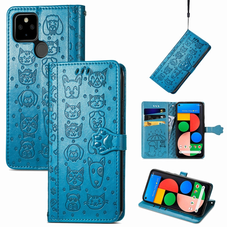 For Google Pixel 5a 5G Lovely Cat and Dog Embossing Pattern Horizontal Flip Leather Case , with Holder & Card Slots & Wallet & Cartoon Clasp & Lanyard