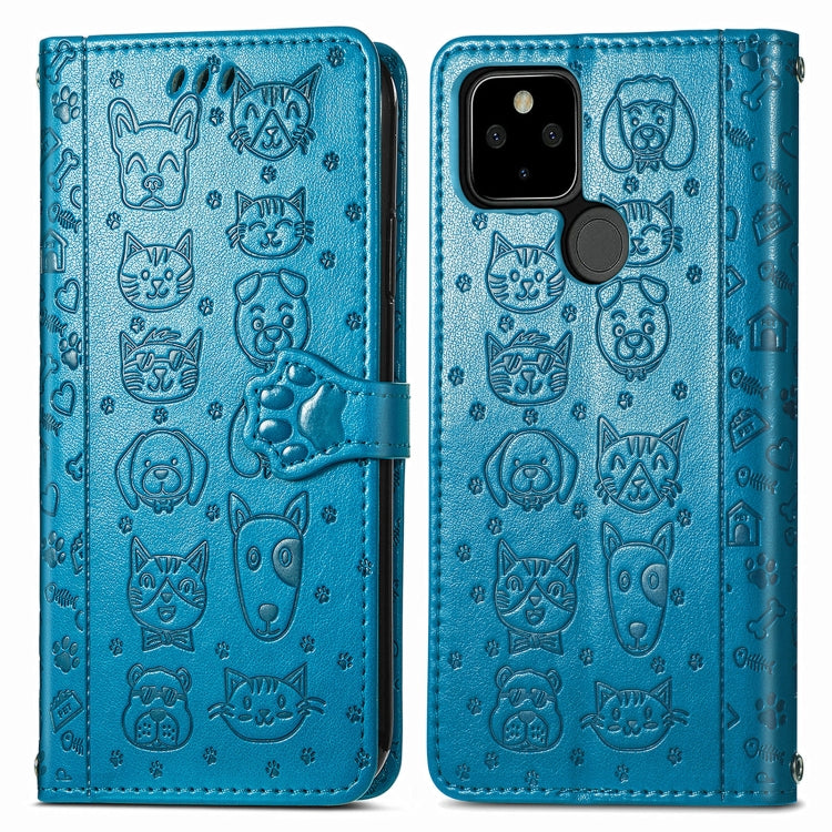For Google Pixel 5a 5G Lovely Cat and Dog Embossing Pattern Horizontal Flip Leather Case , with Holder & Card Slots & Wallet & Cartoon Clasp & Lanyard
