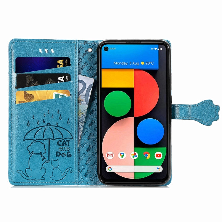 For Google Pixel 5a 5G Lovely Cat and Dog Embossing Pattern Horizontal Flip Leather Case , with Holder & Card Slots & Wallet & Cartoon Clasp & Lanyard