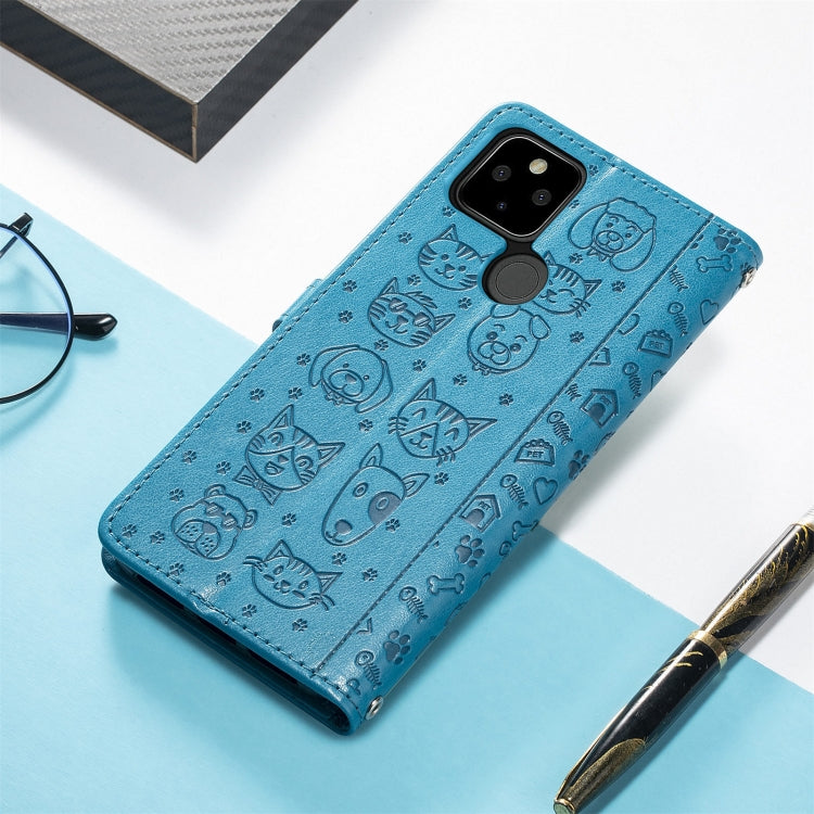 For Google Pixel 5a 5G Lovely Cat and Dog Embossing Pattern Horizontal Flip Leather Case , with Holder & Card Slots & Wallet & Cartoon Clasp & Lanyard