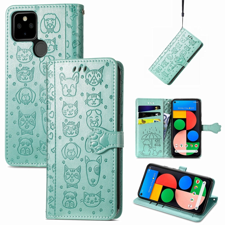 For Google Pixel 5a 5G Lovely Cat and Dog Embossing Pattern Horizontal Flip Leather Case , with Holder & Card Slots & Wallet & Cartoon Clasp & Lanyard