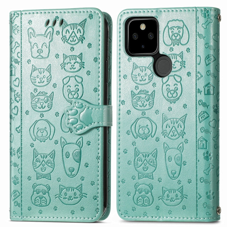For Google Pixel 5a 5G Lovely Cat and Dog Embossing Pattern Horizontal Flip Leather Case , with Holder & Card Slots & Wallet & Cartoon Clasp & Lanyard