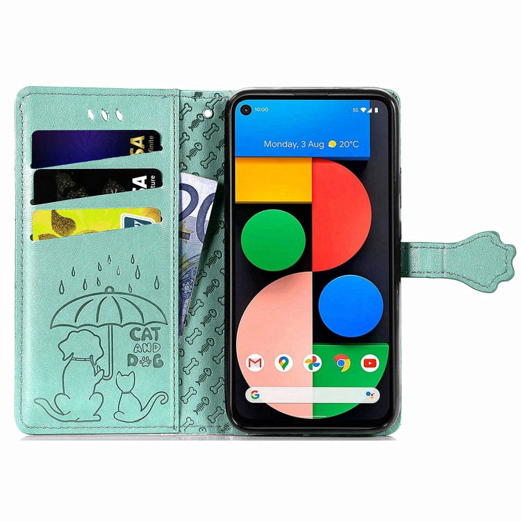 For Google Pixel 5a 5G Lovely Cat and Dog Embossing Pattern Horizontal Flip Leather Case , with Holder & Card Slots & Wallet & Cartoon Clasp & Lanyard