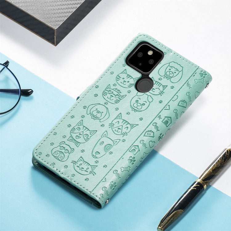 For Google Pixel 5a 5G Lovely Cat and Dog Embossing Pattern Horizontal Flip Leather Case , with Holder & Card Slots & Wallet & Cartoon Clasp & Lanyard