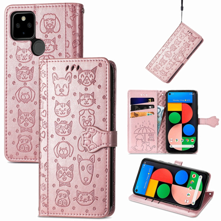 For Google Pixel 5a 5G Lovely Cat and Dog Embossing Pattern Horizontal Flip Leather Case , with Holder & Card Slots & Wallet & Cartoon Clasp & Lanyard