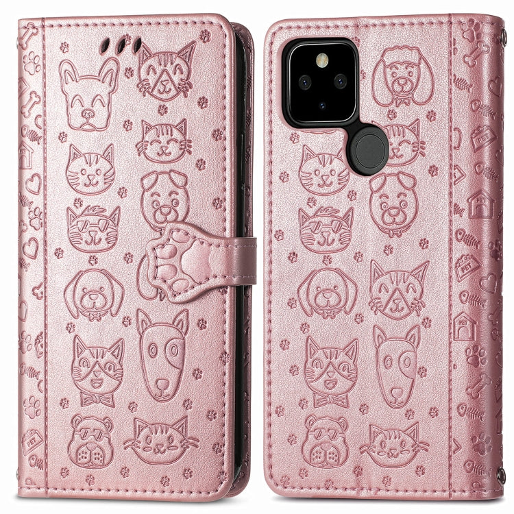 For Google Pixel 5a 5G Lovely Cat and Dog Embossing Pattern Horizontal Flip Leather Case , with Holder & Card Slots & Wallet & Cartoon Clasp & Lanyard