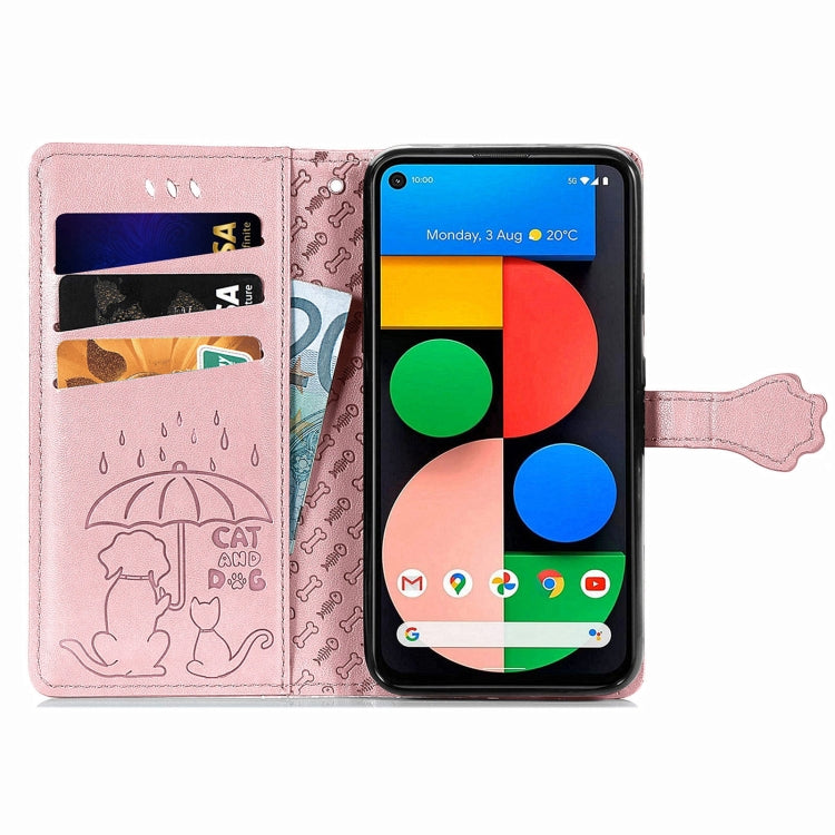For Google Pixel 5a 5G Lovely Cat and Dog Embossing Pattern Horizontal Flip Leather Case , with Holder & Card Slots & Wallet & Cartoon Clasp & Lanyard