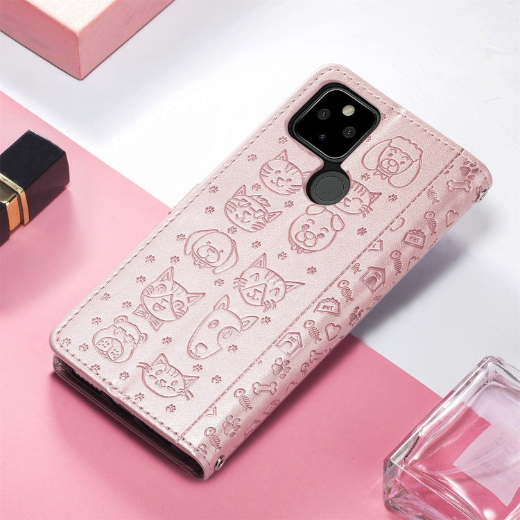 For Google Pixel 5a 5G Lovely Cat and Dog Embossing Pattern Horizontal Flip Leather Case , with Holder & Card Slots & Wallet & Cartoon Clasp & Lanyard