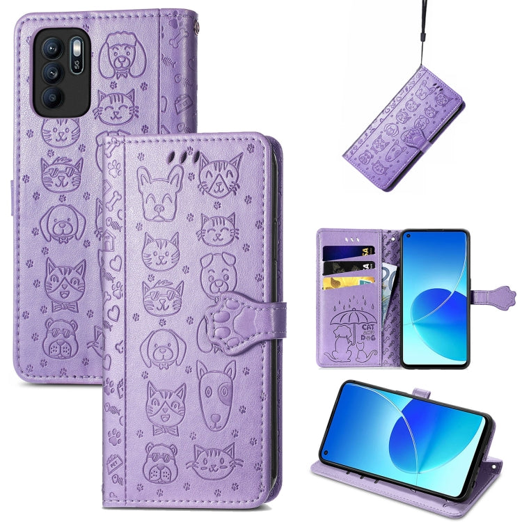 For OPPO Reno6 Z Lovely Cat and Dog Embossing Pattern Horizontal Flip Leather Case , with Holder & Card Slots & Wallet & Cartoon Clasp & Lanyard