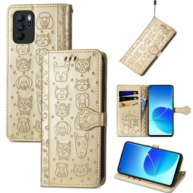 For OPPO Reno6 Z Lovely Cat and Dog Embossing Pattern Horizontal Flip Leather Case , with Holder & Card Slots & Wallet & Cartoon Clasp & Lanyard