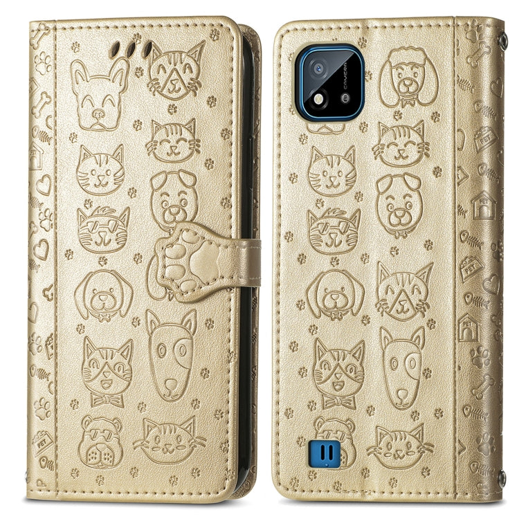 For OPPO Realme C20 Lovely Cat and Dog Embossing Pattern Horizontal Flip Leather Case , with Holder & Card Slots & Wallet & Cartoon Clasp & Lanyard