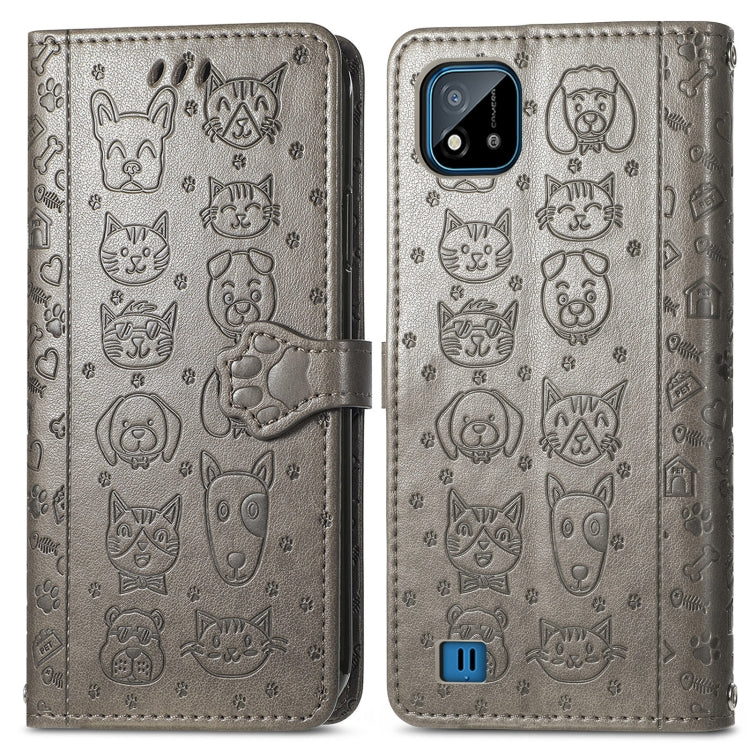 For OPPO Realme C20 Lovely Cat and Dog Embossing Pattern Horizontal Flip Leather Case , with Holder & Card Slots & Wallet & Cartoon Clasp & Lanyard