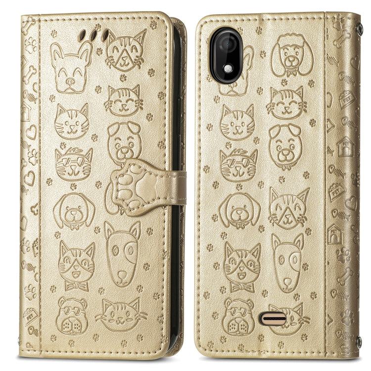 For Wiko Y61 Lovely Cat and Dog Embossing Pattern Horizontal Flip Leather Case , with Holder & Card Slots & Wallet & Cartoon Clasp & Lanyard