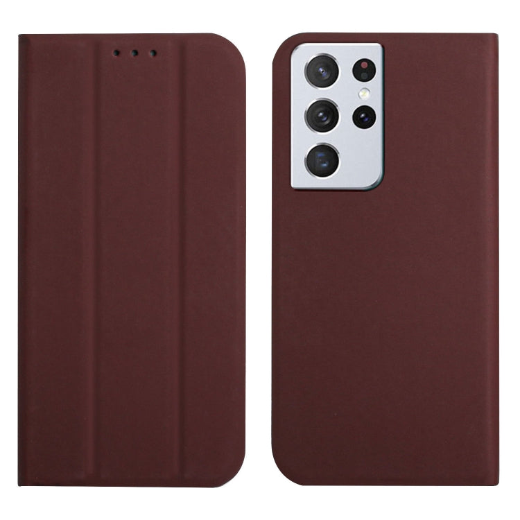 For Samsung Galaxy S21 Ultra 5G 3-Folding Ultrathin Skin Feel Magnetic Solid Color Horizontal Flip Leather Case with Holder