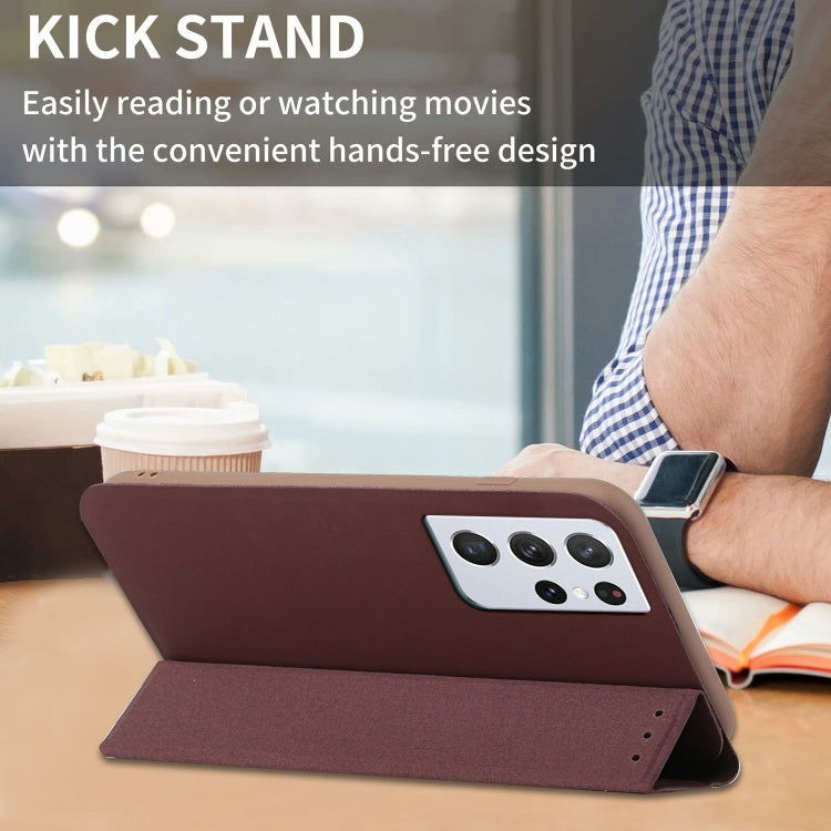 For Samsung Galaxy S21 Ultra 5G 3-Folding Ultrathin Skin Feel Magnetic Solid Color Horizontal Flip Leather Case with Holder