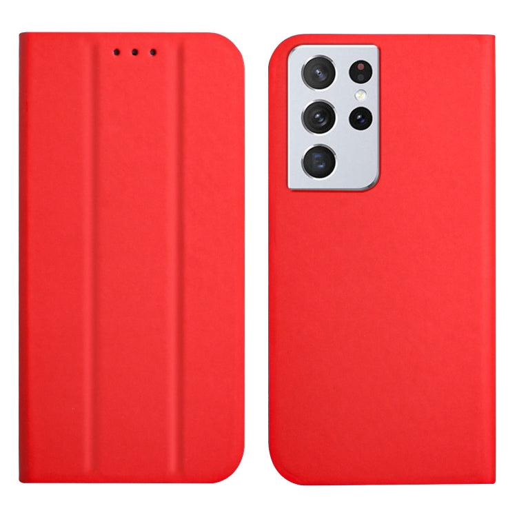 For Samsung Galaxy S21 Ultra 5G 3-Folding Ultrathin Skin Feel Magnetic Solid Color Horizontal Flip Leather Case with Holder