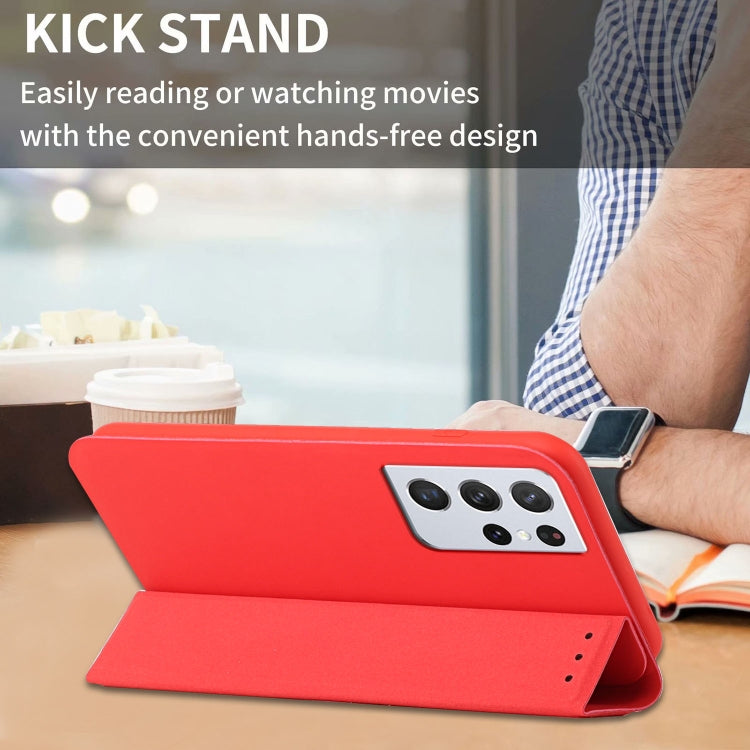 For Samsung Galaxy S21 Ultra 5G 3-Folding Ultrathin Skin Feel Magnetic Solid Color Horizontal Flip Leather Case with Holder