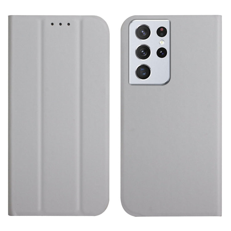 For Samsung Galaxy S21 Ultra 5G 3-Folding Ultrathin Skin Feel Magnetic Solid Color Horizontal Flip Leather Case with Holder