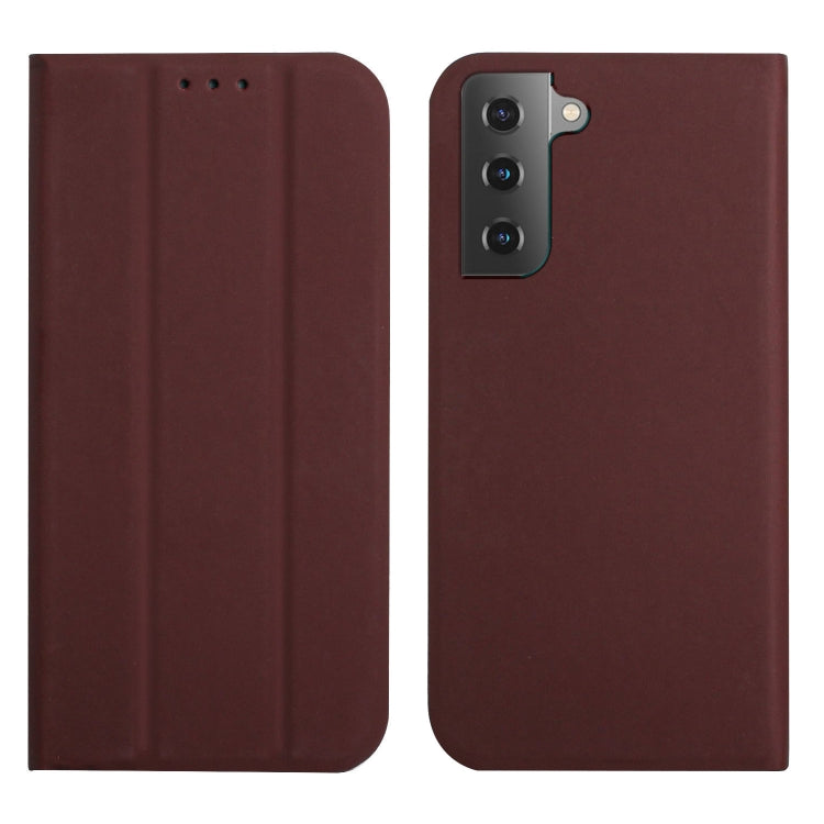 For Samsung Galaxy S21+ 5G 3-Folding Ultrathin Skin Feel Magnetic Solid Color Horizontal Flip Leather Case with Holder