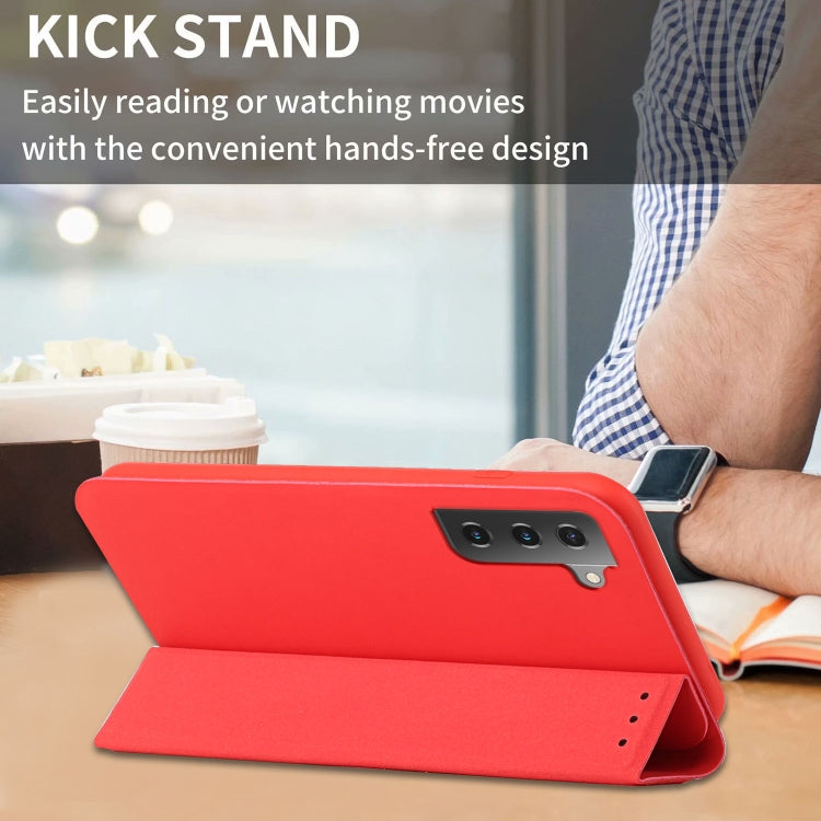 For Samsung Galaxy S21+ 5G 3-Folding Ultrathin Skin Feel Magnetic Solid Color Horizontal Flip Leather Case with Holder