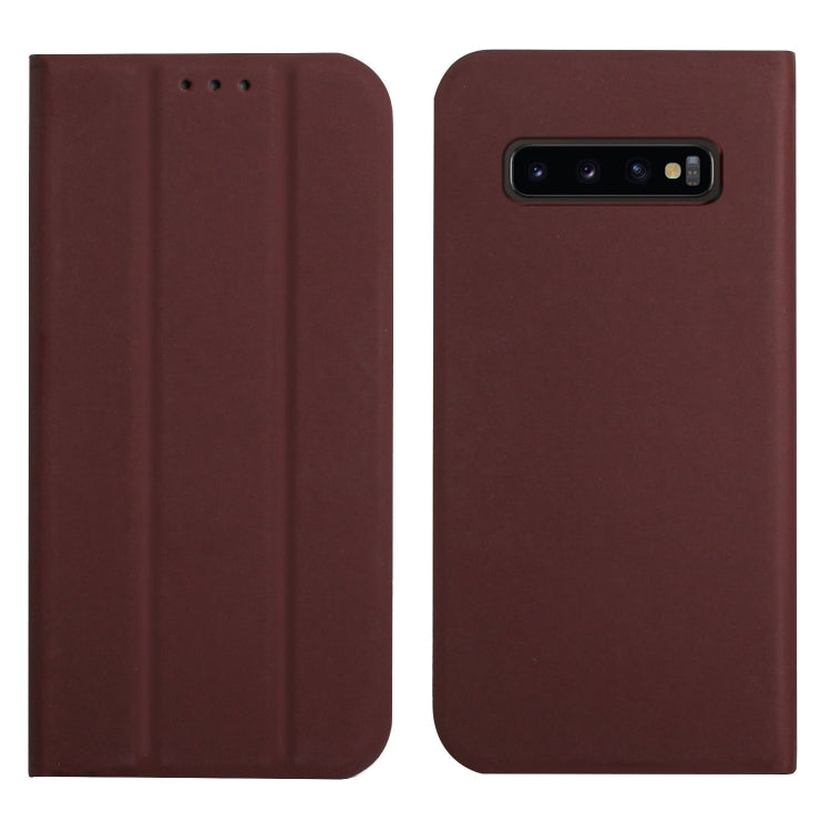 For Samsung Galaxy S10+ 3-Folding Ultrathin Skin Feel Magnetic Solid Color Horizontal Flip Leather Case with Holder