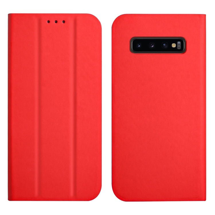 For Samsung Galaxy S10+ 3-Folding Ultrathin Skin Feel Magnetic Solid Color Horizontal Flip Leather Case with Holder