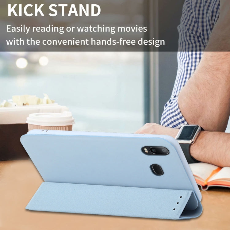 For Samsung Galaxy A10s 3-Folding Ultrathin Skin Feel Magnetic Solid Color Horizontal Flip Leather Case with Holder
