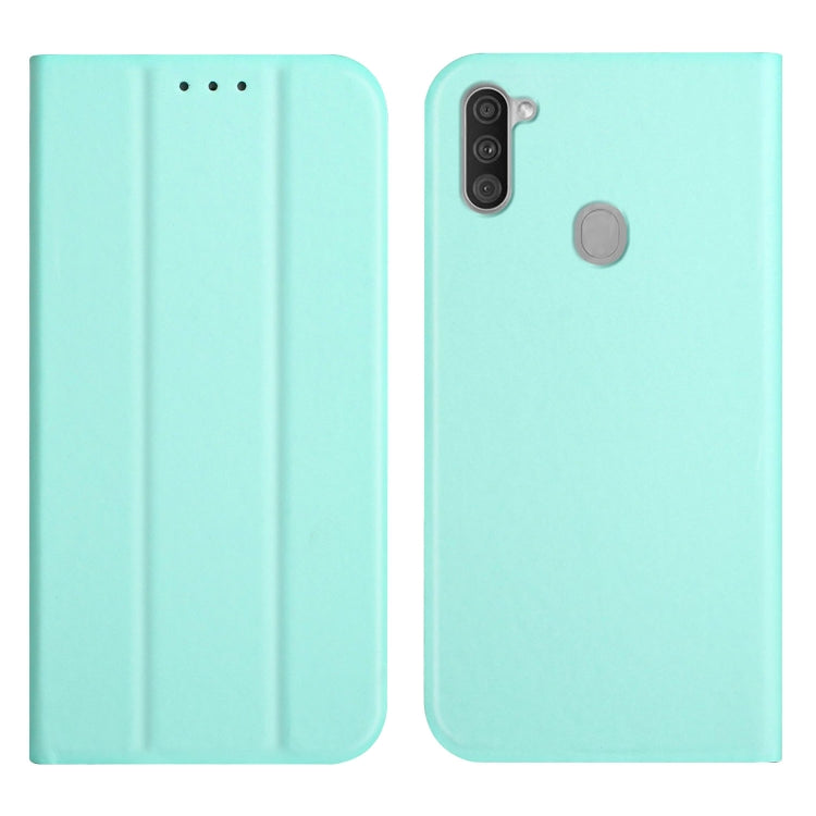 For Samsung Galaxy A11 3-Folding Ultrathin Skin Feel Magnetic Solid Color Horizontal Flip Leather Case with Holder