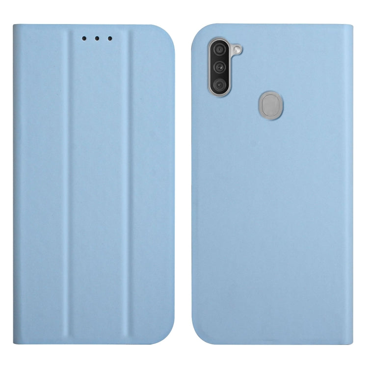 For Samsung Galaxy A11 3-Folding Ultrathin Skin Feel Magnetic Solid Color Horizontal Flip Leather Case with Holder