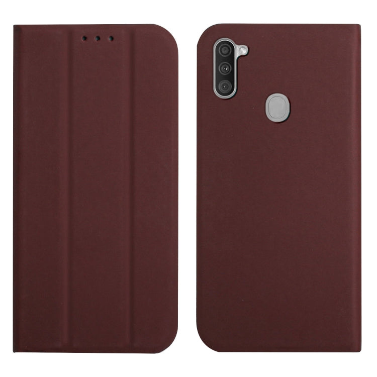 For Samsung Galaxy A11 3-Folding Ultrathin Skin Feel Magnetic Solid Color Horizontal Flip Leather Case with Holder