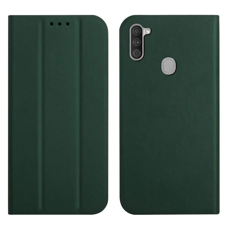 For Samsung Galaxy A11 3-Folding Ultrathin Skin Feel Magnetic Solid Color Horizontal Flip Leather Case with Holder