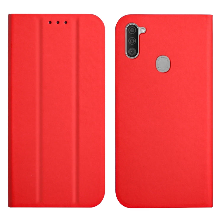 For Samsung Galaxy A11 3-Folding Ultrathin Skin Feel Magnetic Solid Color Horizontal Flip Leather Case with Holder