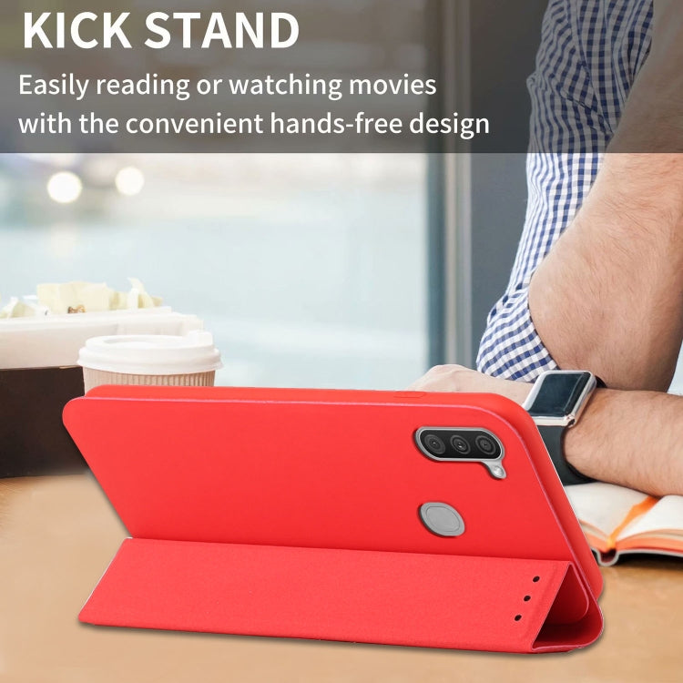 For Samsung Galaxy A11 3-Folding Ultrathin Skin Feel Magnetic Solid Color Horizontal Flip Leather Case with Holder