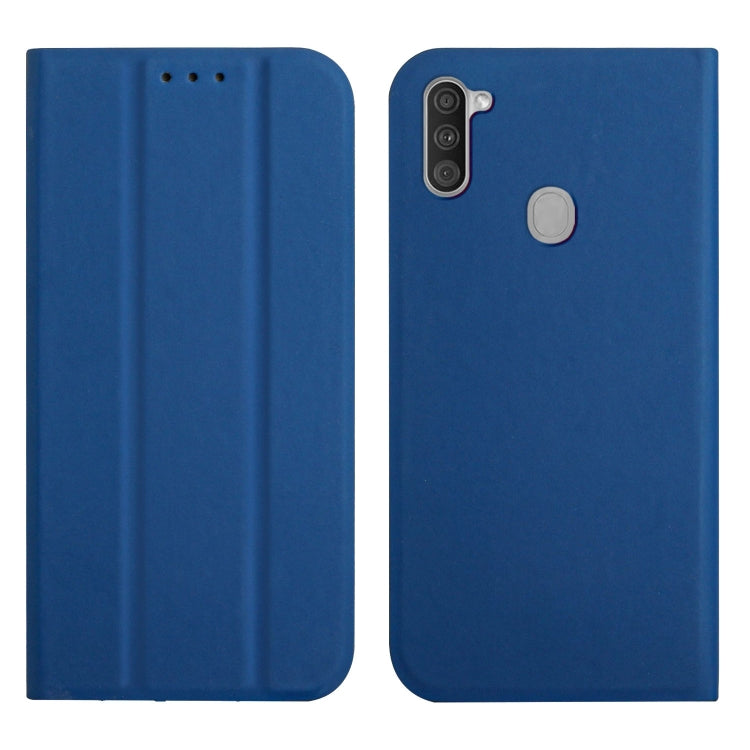 For Samsung Galaxy A11 3-Folding Ultrathin Skin Feel Magnetic Solid Color Horizontal Flip Leather Case with Holder