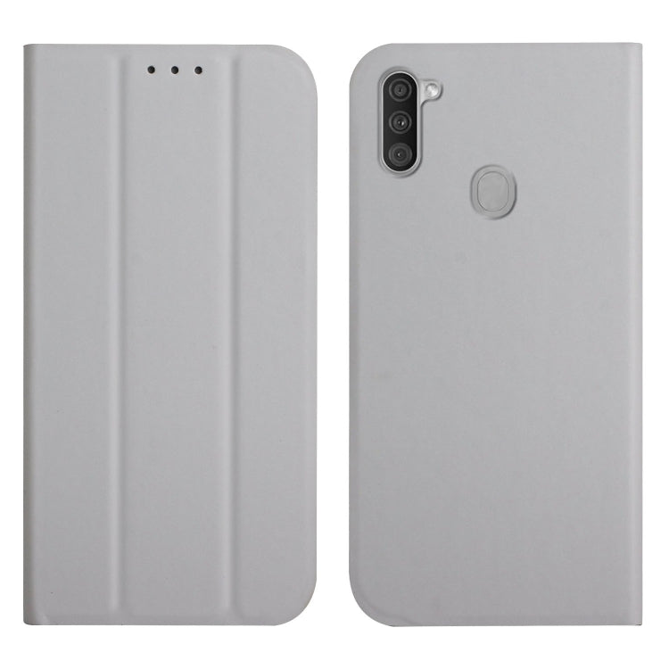 For Samsung Galaxy A11 3-Folding Ultrathin Skin Feel Magnetic Solid Color Horizontal Flip Leather Case with Holder