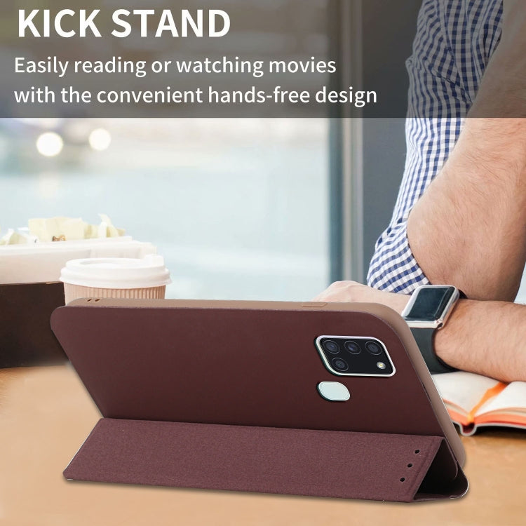 For Samsung Galaxy A21s 3-Folding Ultrathin Skin Feel Magnetic Solid Color Horizontal Flip Leather Case with Holder