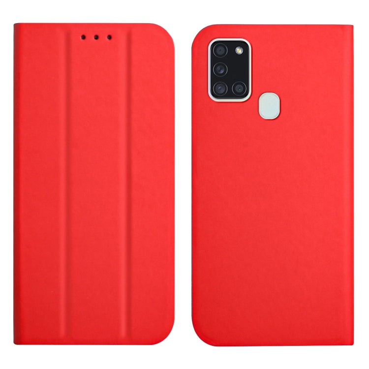 For Samsung Galaxy A21s 3-Folding Ultrathin Skin Feel Magnetic Solid Color Horizontal Flip Leather Case with Holder
