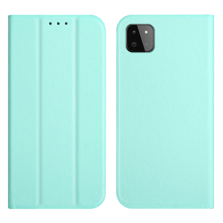 For Samsung Galaxy A22 5G 3-Folding Ultrathin Skin Feel Magnetic Solid Color Horizontal Flip Leather Case with Holder