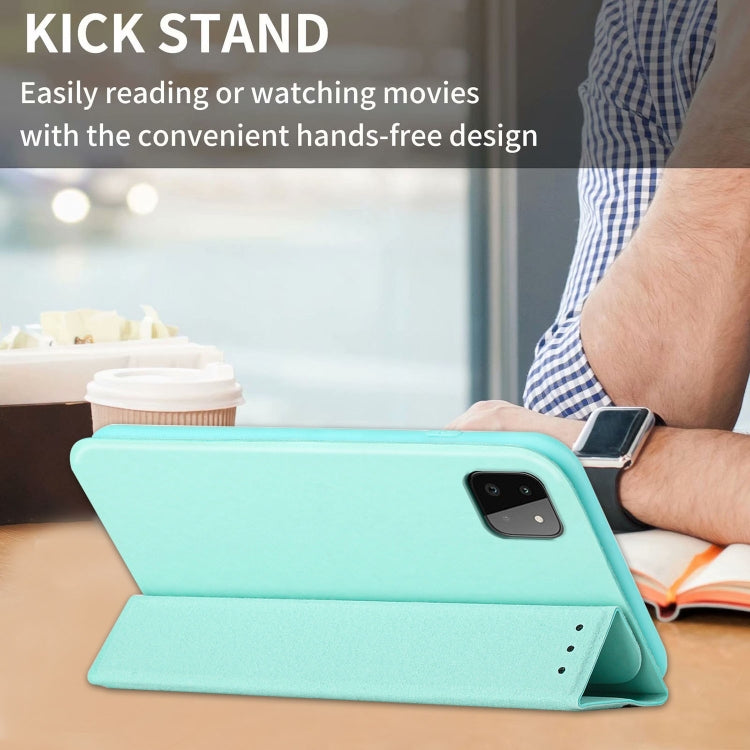 For Samsung Galaxy A22 5G 3-Folding Ultrathin Skin Feel Magnetic Solid Color Horizontal Flip Leather Case with Holder