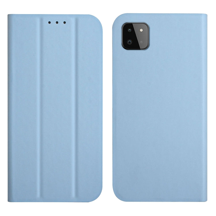 For Samsung Galaxy A22 5G 3-Folding Ultrathin Skin Feel Magnetic Solid Color Horizontal Flip Leather Case with Holder