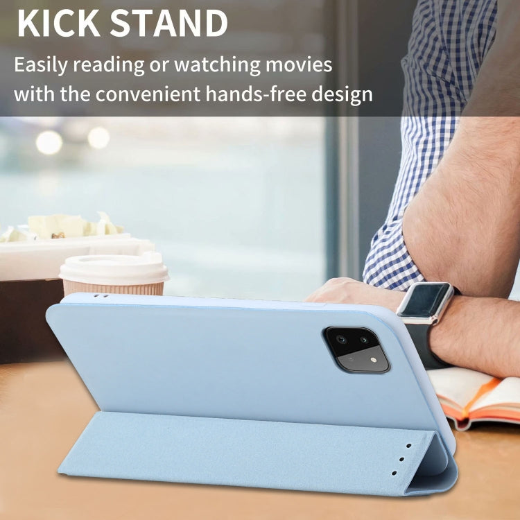 For Samsung Galaxy A22 5G 3-Folding Ultrathin Skin Feel Magnetic Solid Color Horizontal Flip Leather Case with Holder